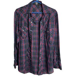 Vintage Fenton Western Pearl Snap Shirt Red Blue Metallic Plaid Long‎ Tail